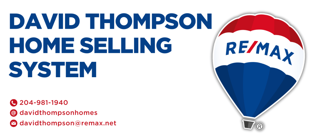 Informational graphic featuring David Thompson's contact details for home selling services, including a logo of RE/MAX and a hot air balloon illustration.