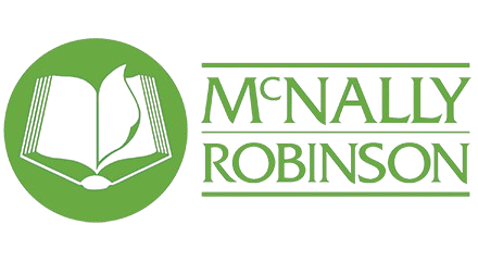 Logo of McNally Robinson featuring an open book within a circular green design.