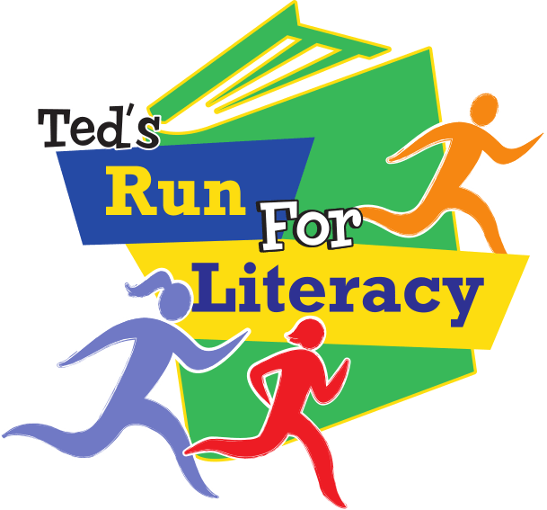 Logo for Ted's Run For Literacy featuring colorful running figures and a book design.
